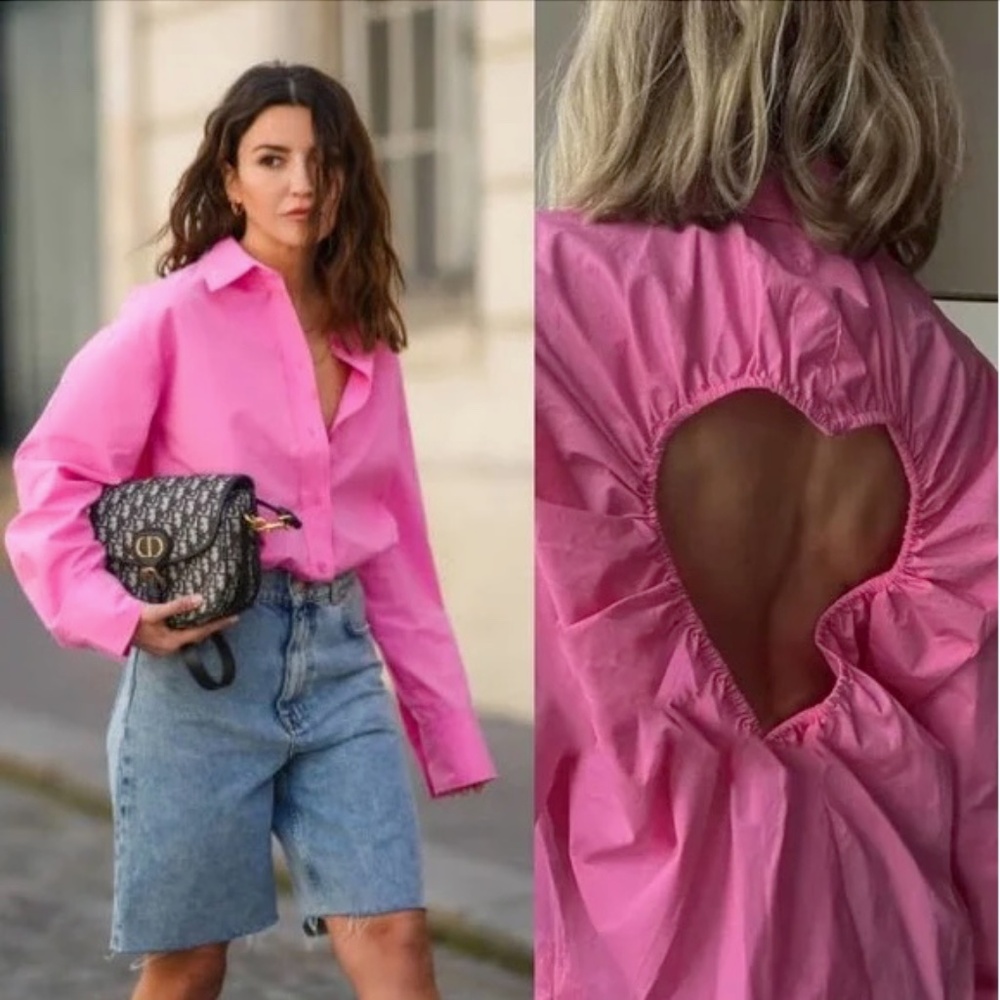 New Zara Heart Poplin Pink Heart Cutout Shirt Blouse Small Medium